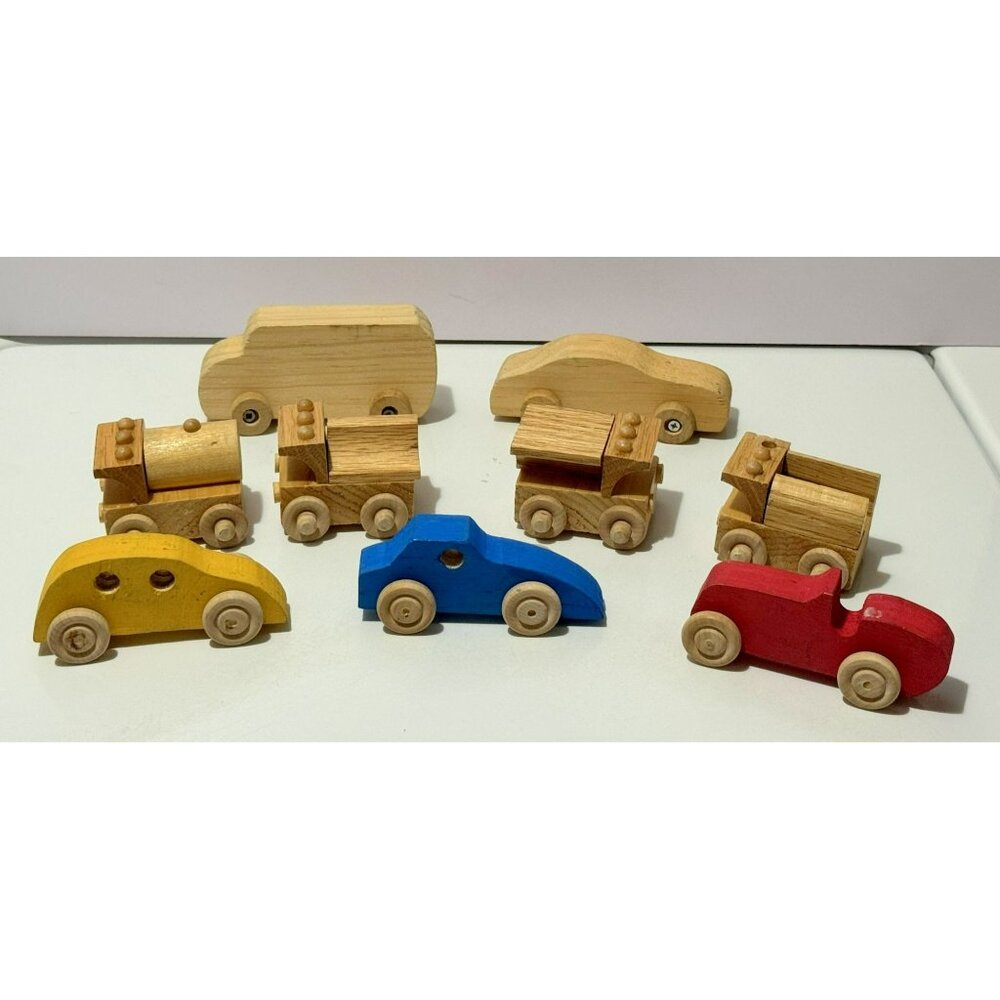 Wooden Cars Nine (9) Pieces Assorted Sizes Movable Wheels All Working Good Shape